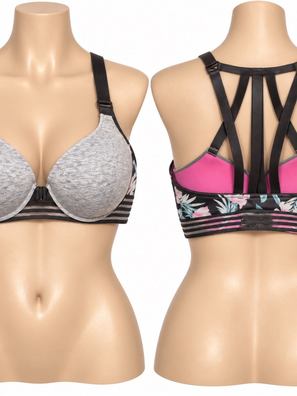 PINK Victoria's Secret Gray & Hot Pink Floral Strappy Sports Bra